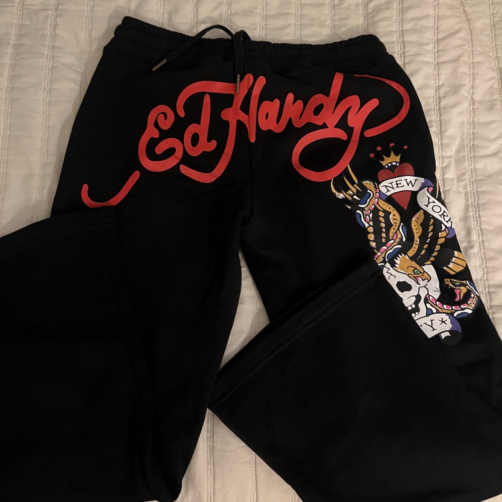 Ed Hardy Black Pants with Red and Multicolor Design